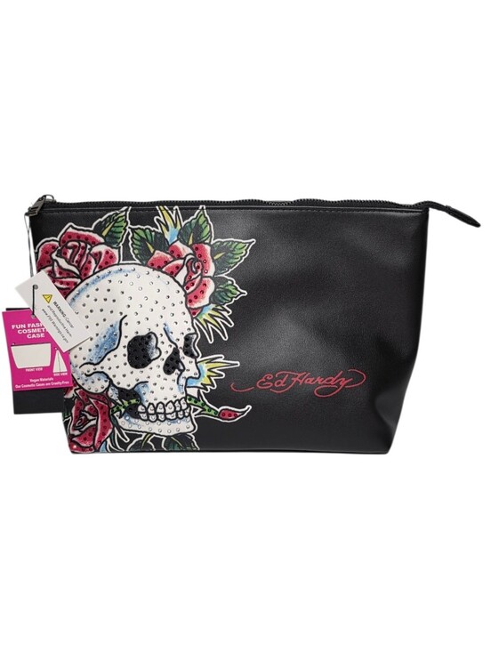 Ed Hardy Handbags - Ed Hardy Rhinestone Skull & Rose Black Faux Leather Cosmetic Travel Makeup Bag